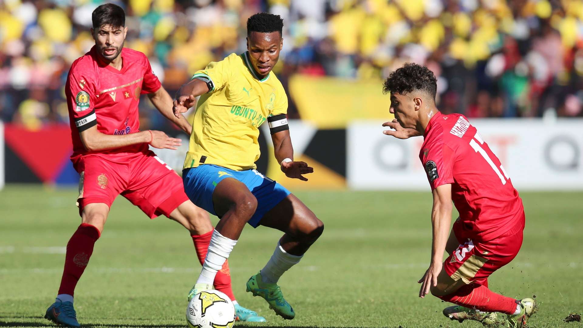 Themba Zwane challenged by Yahya Jabrane and Abdellah Haimoud, Mamelodi Sundowns vs Wydad Casablanca, May 2023