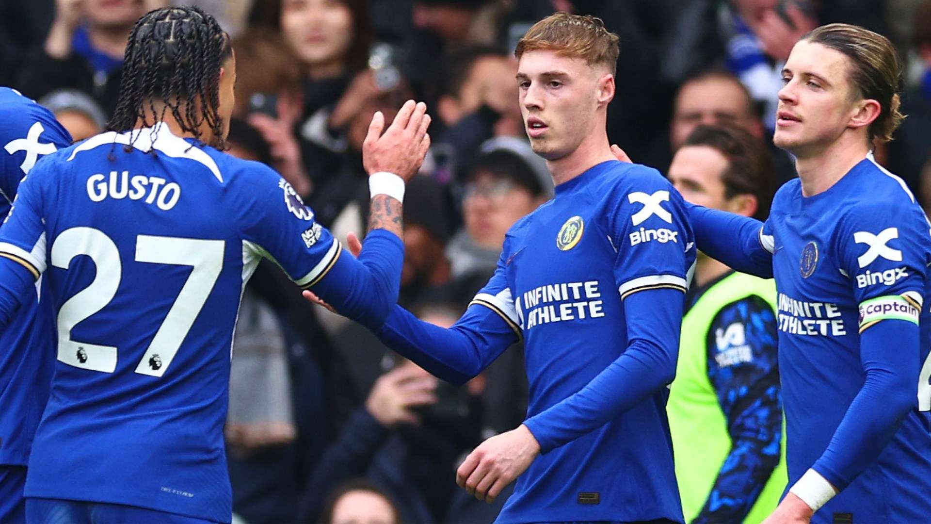 Chelsea celebrating Cole Palmer goal 2023-24