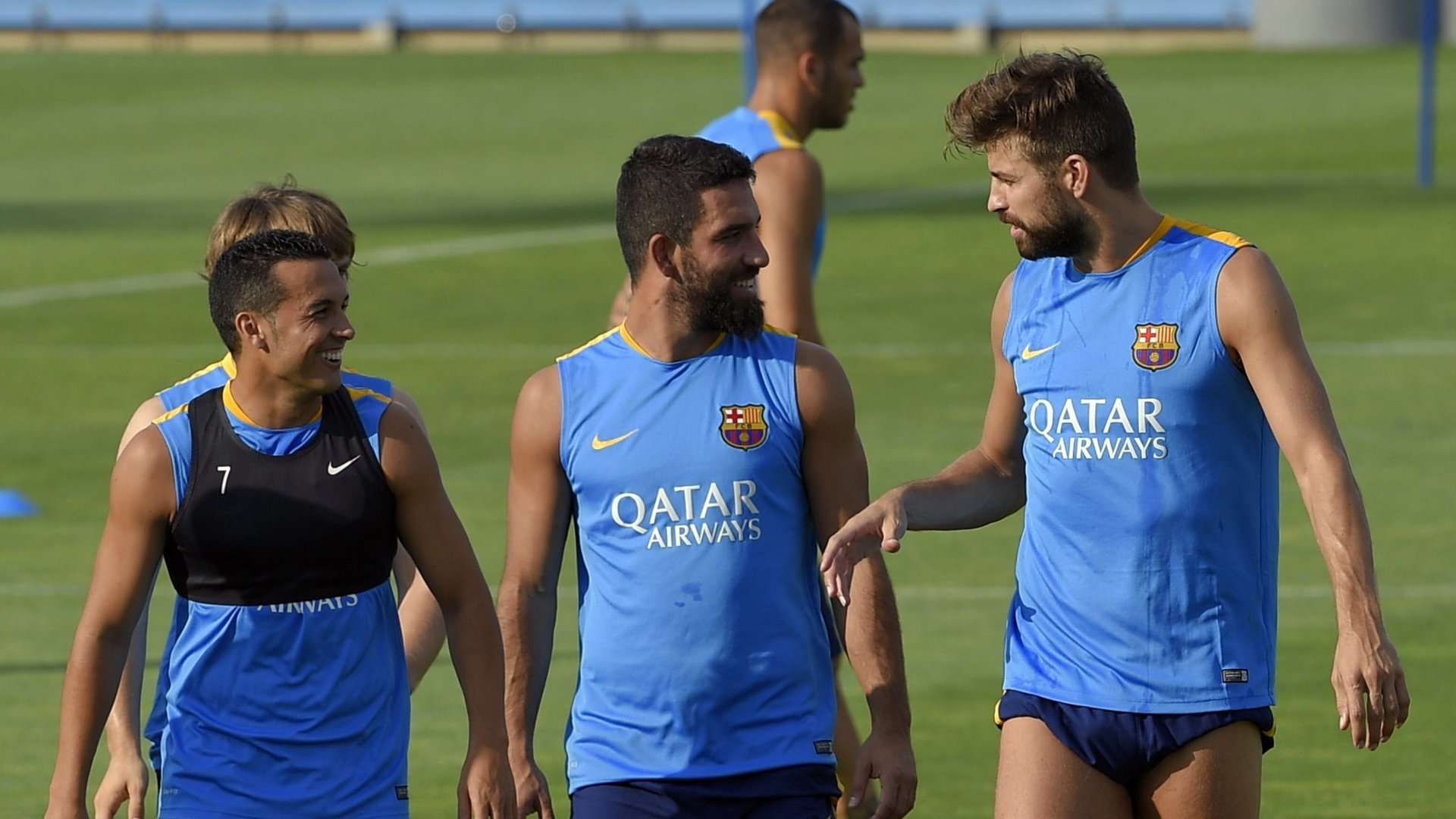 Gerard Pique Arda Turan Pedro Barcelona pre-season training